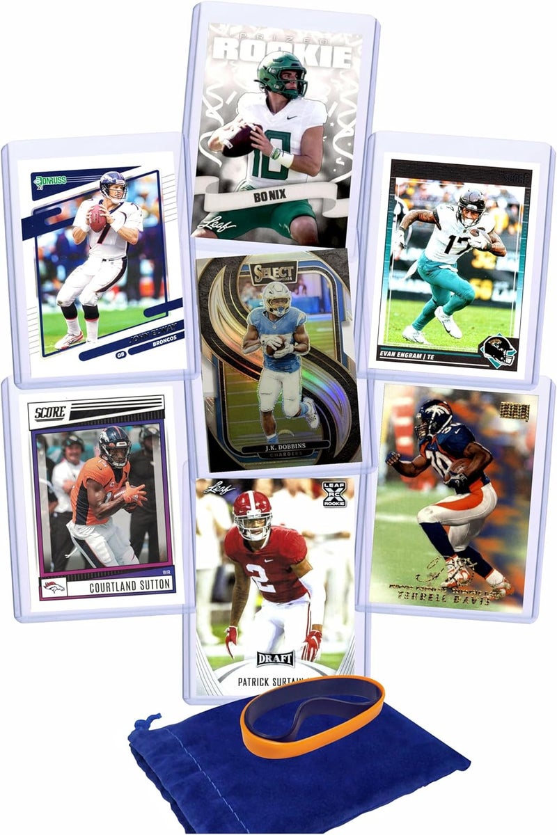 Chaser Denver Broncos Cards: Bo Nix, J.K. Dobbins, John Elway, Courtland Sutton, Evan Engram, Patrick Surtain II, Terrell Davis ASSORTED Football Stars & GOATs Trading Card & Wristbands Gift Pack - Image 1